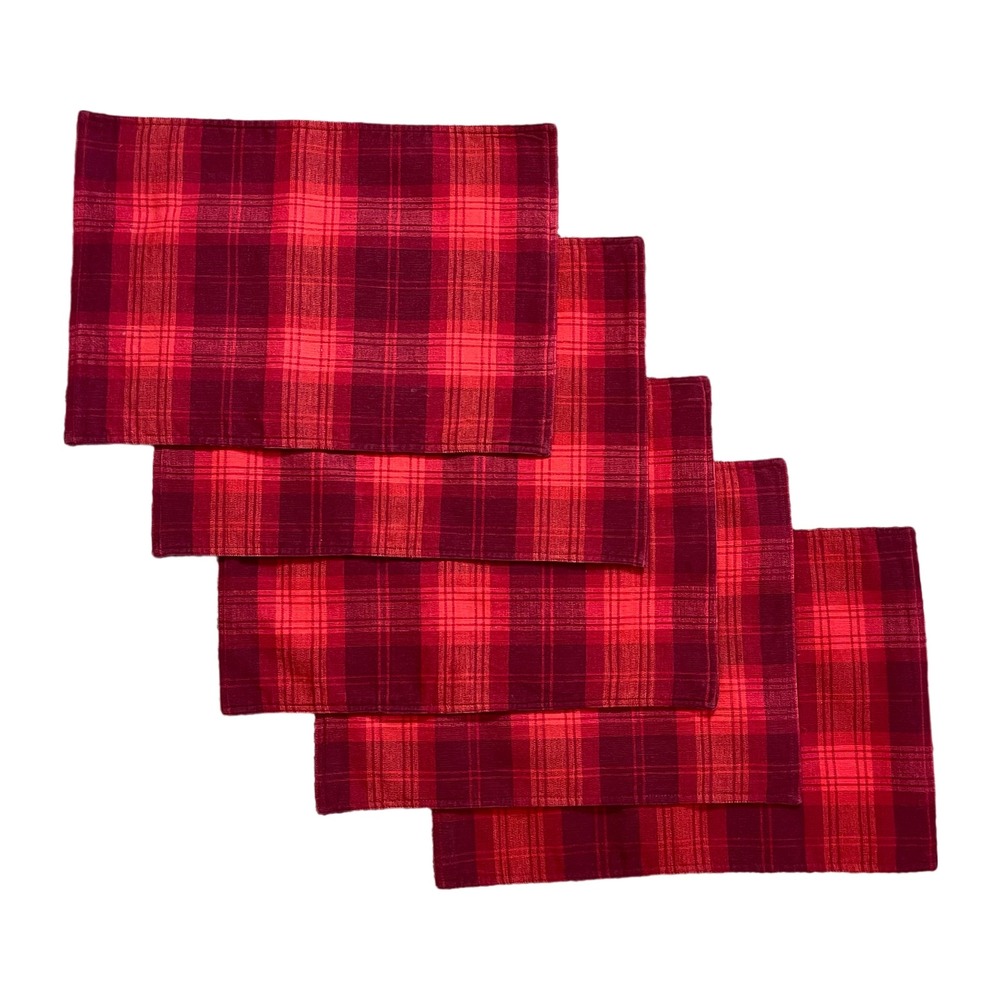 Crate & Barrel Rubesco Plaid Placemats Set of 5 Red‎ Cotton Table Linens Holiday